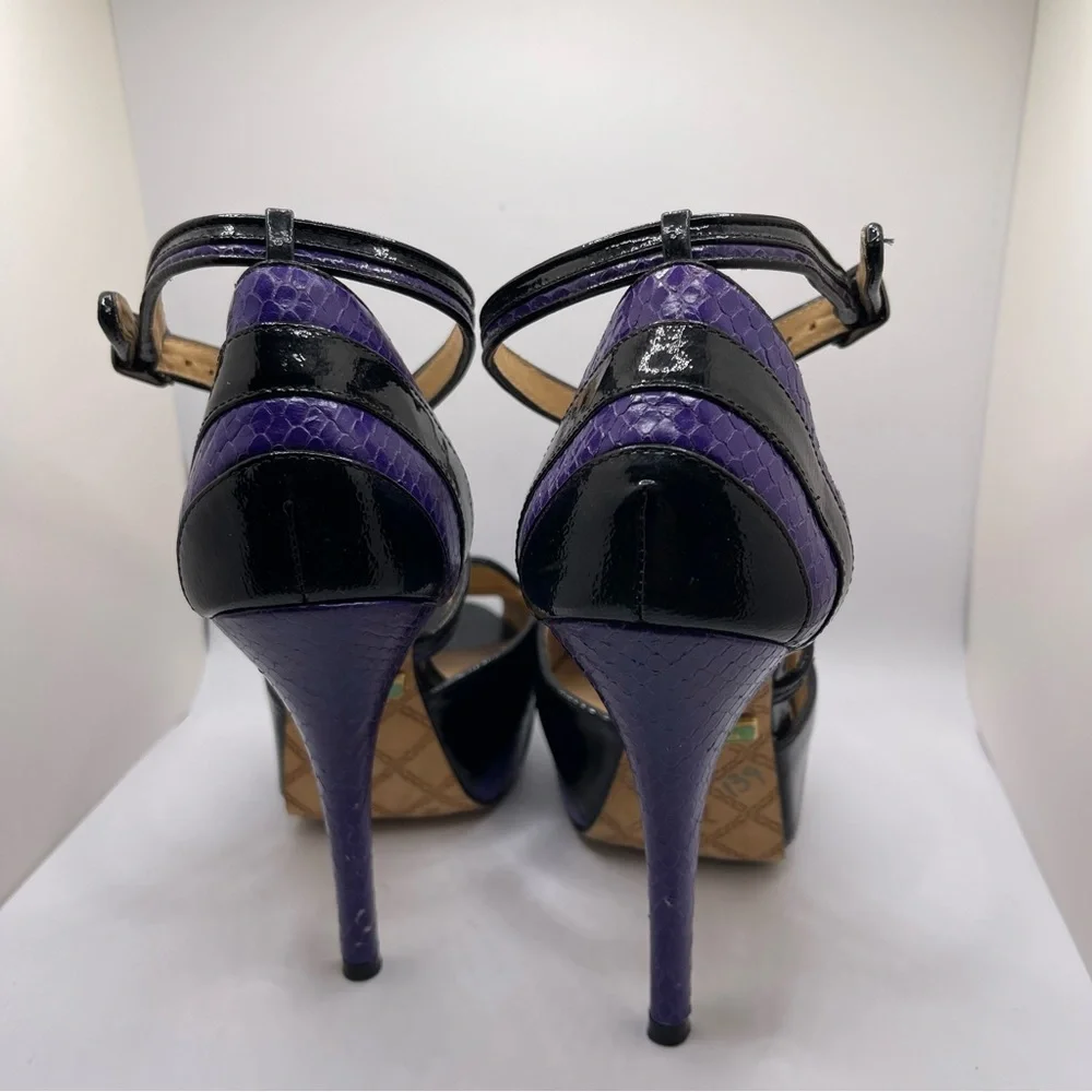 L.A.M.B. Women’s Black Purple Platform Leather Peep Toe Strappy Heels Size 6 - Picture 7 of 14